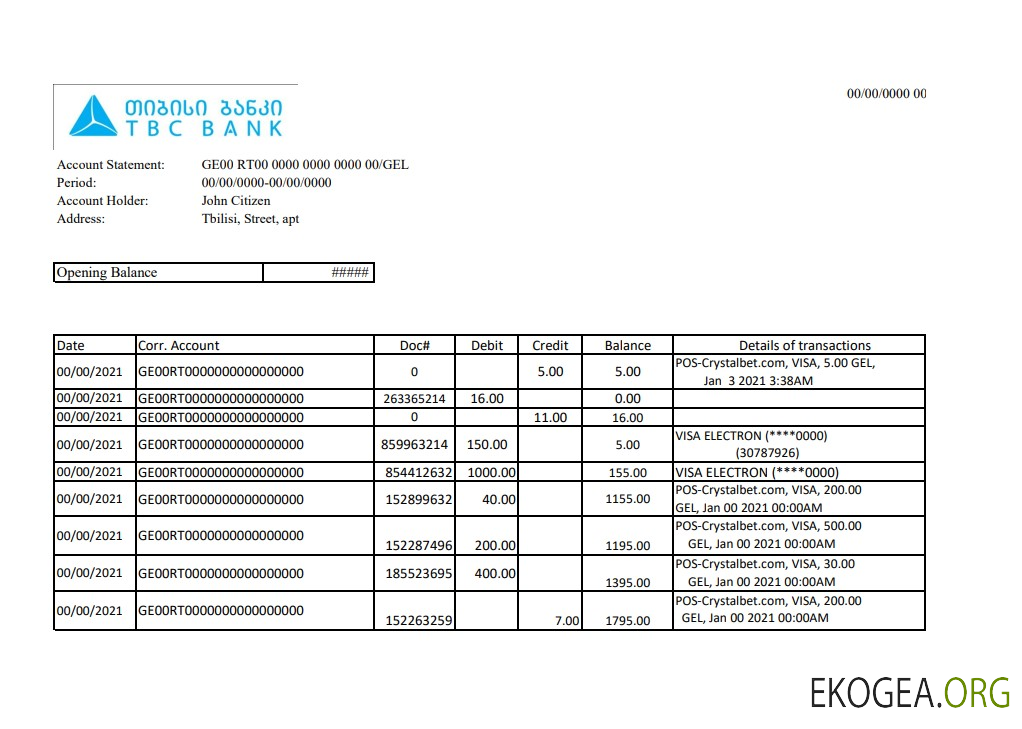 Modèle de relevé bancaire de Géorgie TBC facile à remplir au format Excel et PDF
